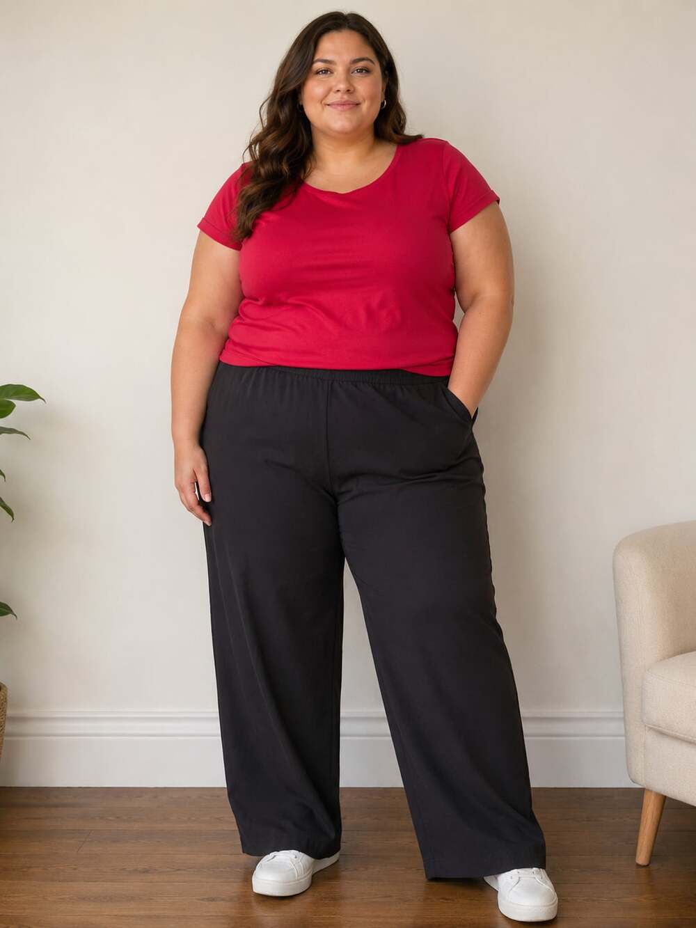 KS Women's Collection Plus Size Black Wide Leg Elastic Waist Dress Pants C135LM